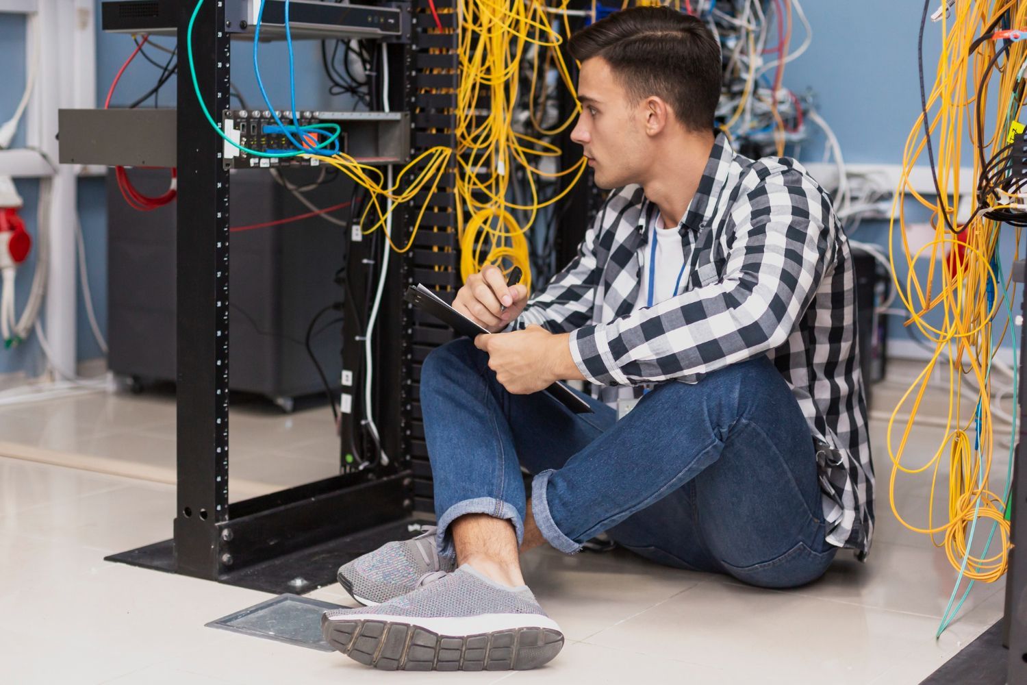 Man sitting in server room with a tablet, surrounded by network cables.