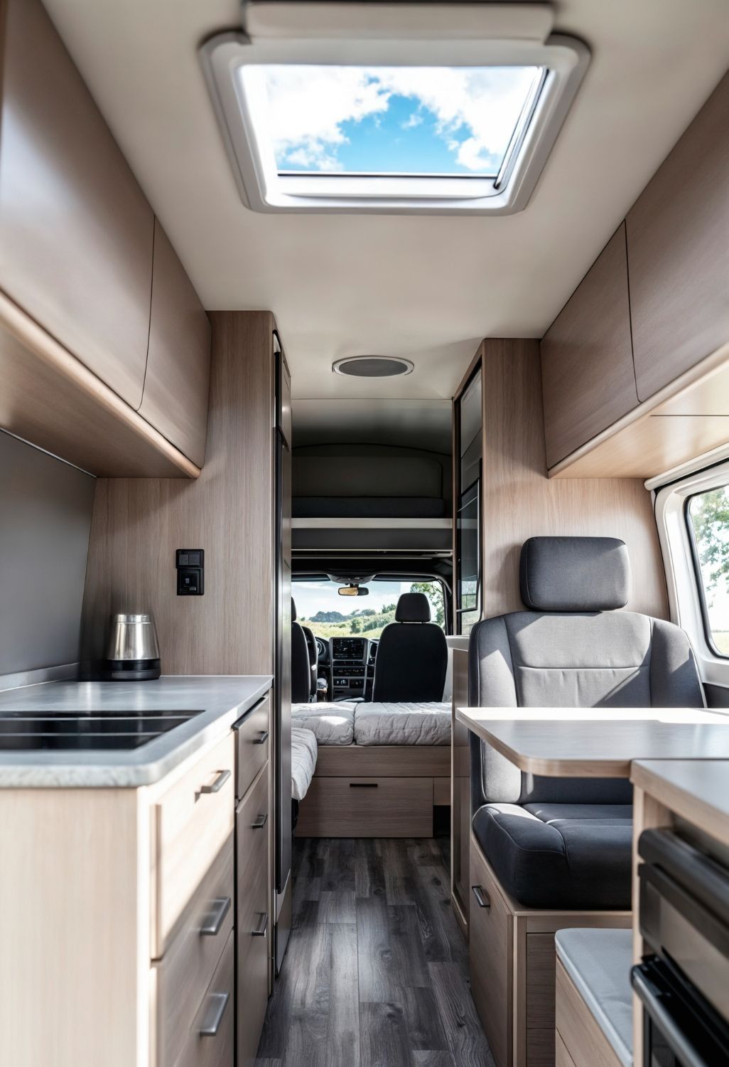 Interior view of a modern camper van. Light wood cabinets, a skylight, and dark gray flooring. 