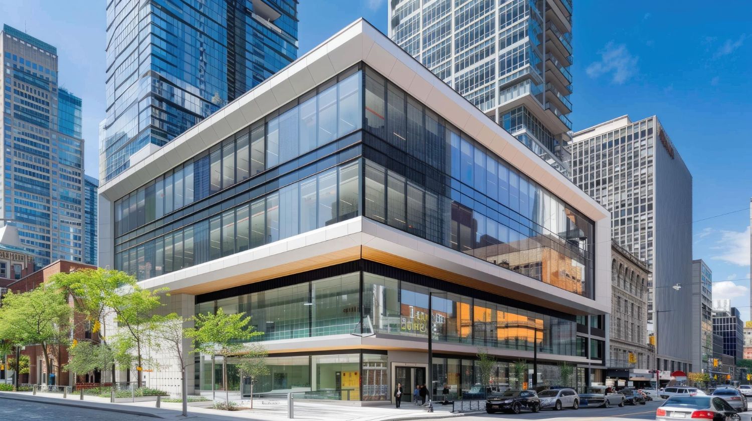 Modern three-story building with glass facade, in a city with tall buildings, blue sky.