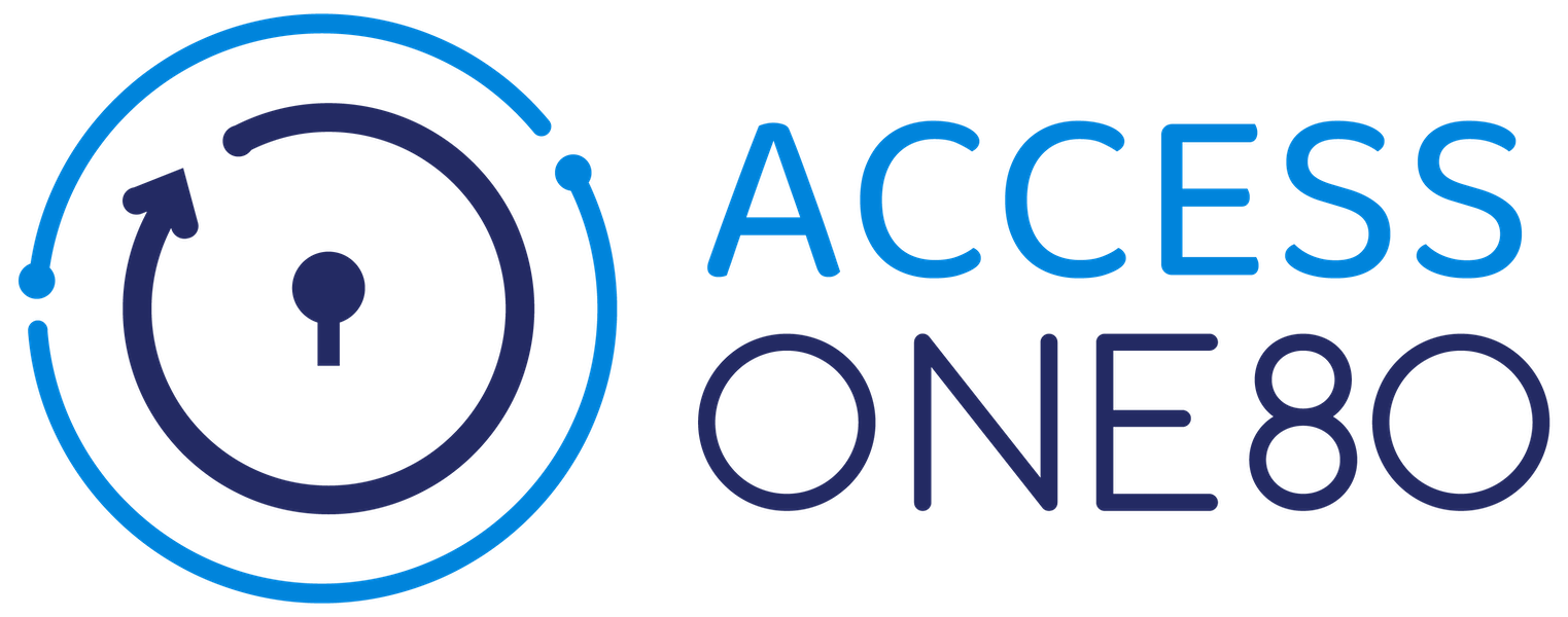 Logo of Access One80. A blue circle encloses a turning arrow.  
