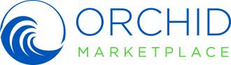 Logo for Orchid Marketplace. Blue wave design inside a circle, with blue text 