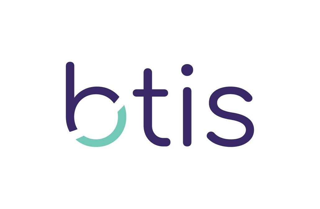 Btis logo, dark purple text with teal colored opening in the 