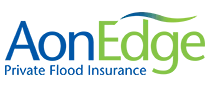 Logo for Aon Edge, Private Flood Insurance. Text is blue and green, with a wave graphic.