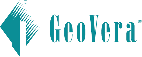Logo of GeoVera in teal color, featuring a diamond shape and a stylized 