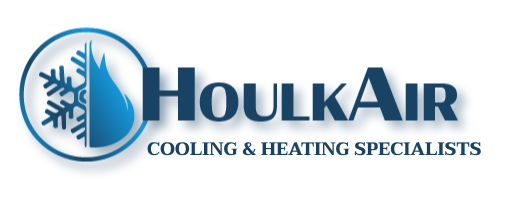 Logo for HoulkAir, cooling and heating specialists, featuring snowflake, flame, and company name.