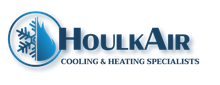 Logo for HoulkAir, cooling and heating specialists, featuring snowflake, flame, and company name.
