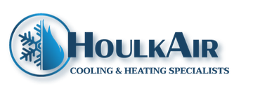 Logo for HoulkAir, cooling and heating specialists, featuring snowflake, flame, and company name.