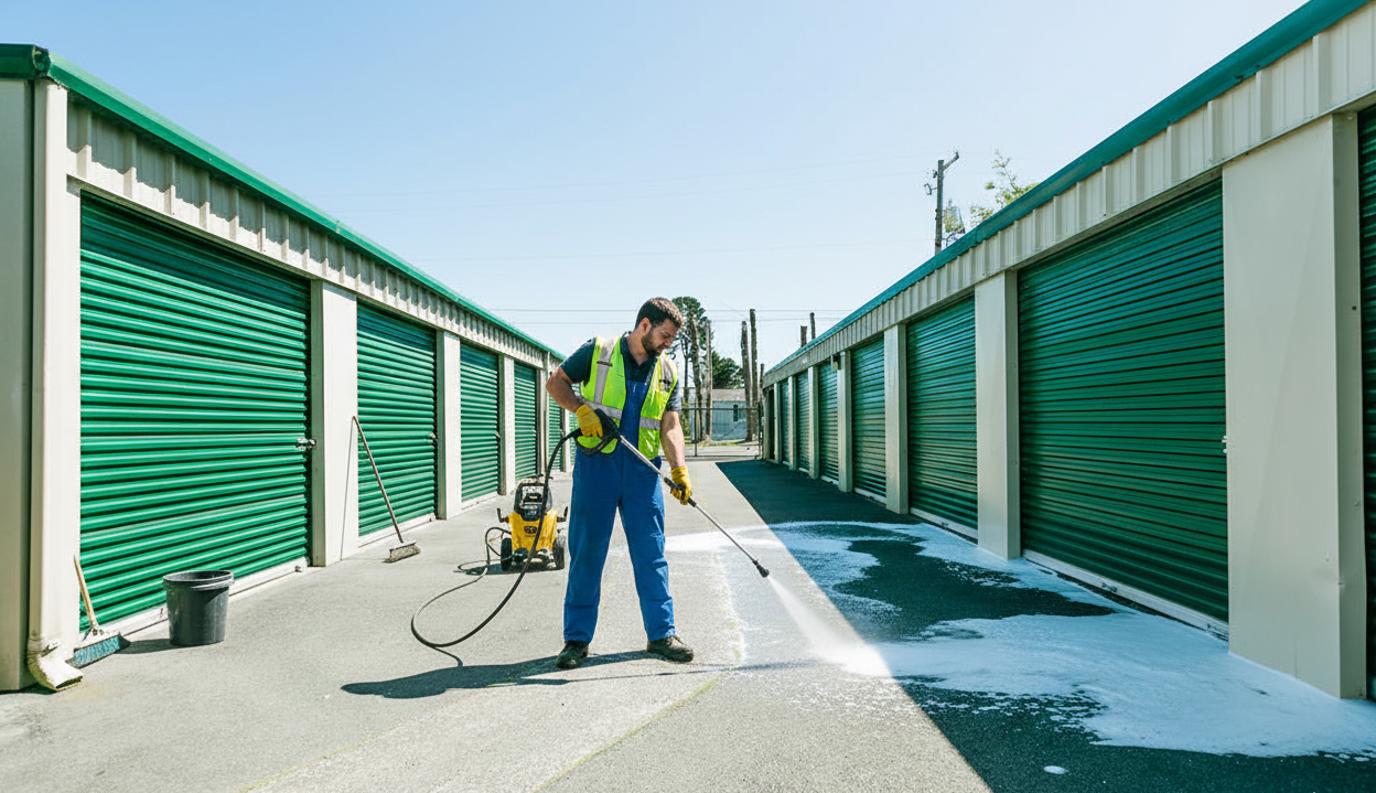 Man power washing the pavement between green storage units on a sunny day.
