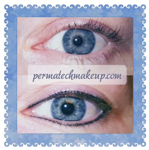 Comparison of eyes: top eye unlined, bottom eye with black eyeliner applied. Blue eyes.