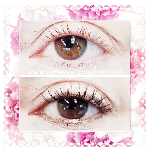 Comparison of eyes before and after applying permanent eyeliner.