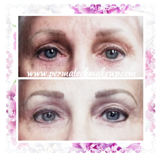 Eyes before and after cosmetic eyebrow and eyeliner enhancement.