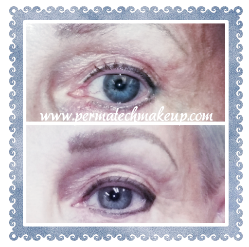 Before and after photos of an eye with permanent eyeliner. The top shows a natural eye, the bottom with eyeliner.