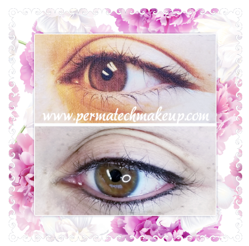 Comparison of an eye with and without permanent eyeliner. The eye is brown in both.