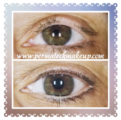 Comparison of a before and after permanent eyeliner application on an eye. Top eye is without, bottom has eyeliner.