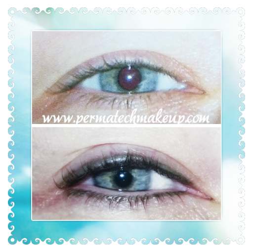 Comparison of an eye before and after eyeliner; upper eye has no makeup, lower has permanent eyeliner.