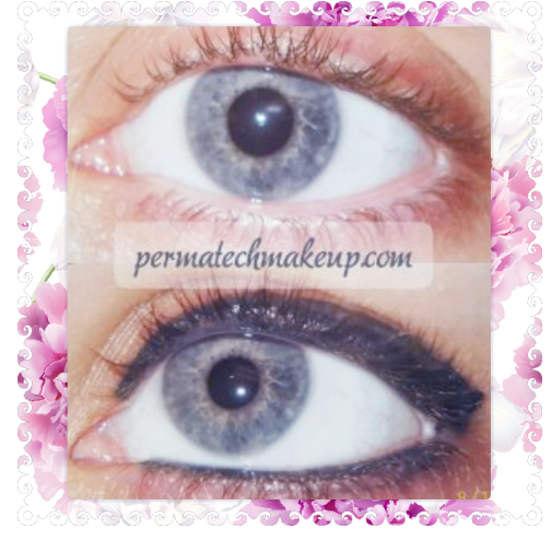 Two blue eyes, one with and one without dark eyeliner.