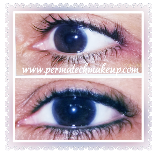 Two eye close-ups, before and after eyeliner application. Both feature dark eyes and lashes, with pinkish skin.