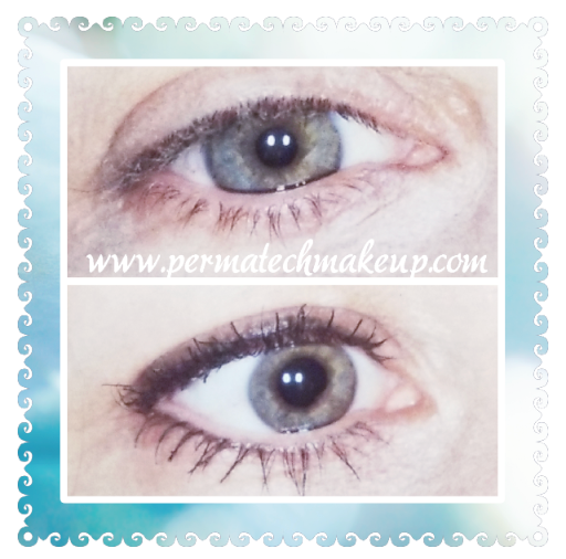 Comparison of eyes before and after permanent eyeliner application.