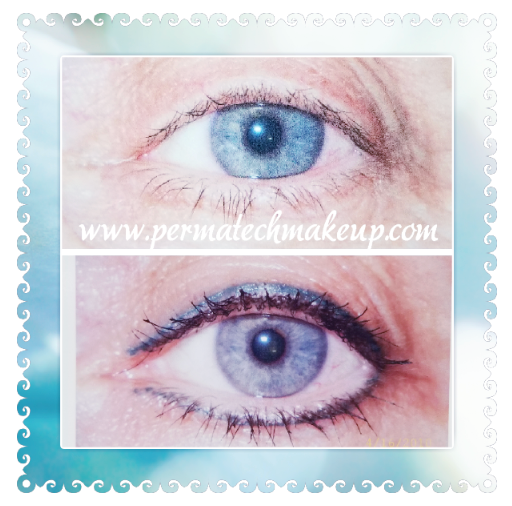 Top eye: blue iris, lashes. Bottom eye: eyeliner, lashes. Comparison before/after makeup.