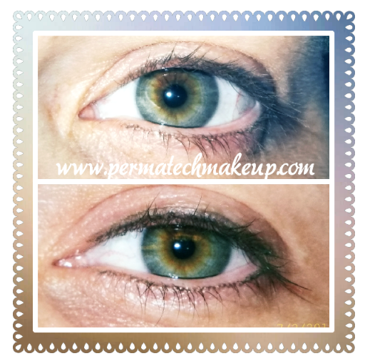 Before and after close-up of an eye with permanent eyeliner. The before eye has no liner. The after eye has a thin dark line.