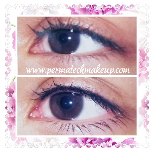 Close-up of two eyes, one above the other. Dark brown irises. Each has a thin eyeliner and mascara.