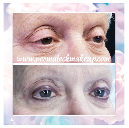 Before-and-after of eyes: top, drooping eyelids; bottom, eyeliner and eye lift effect. Website watermark.