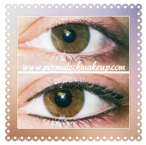 Two eyes: top without eyeliner, bottom with black eyeliner. Brown eyes, eyelashes, website address.