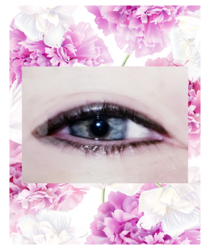 Blue eye with dark eyeliner, surrounded by pink and white floral pattern.