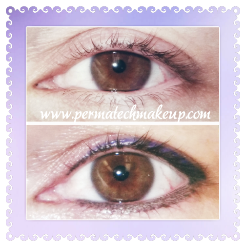 Comparison of an eye with and without eyeliner; brown eyes, before and after makeup.