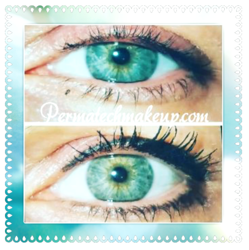 Comparison of an eye before and after applying mascara, with green iris and long black lashes.