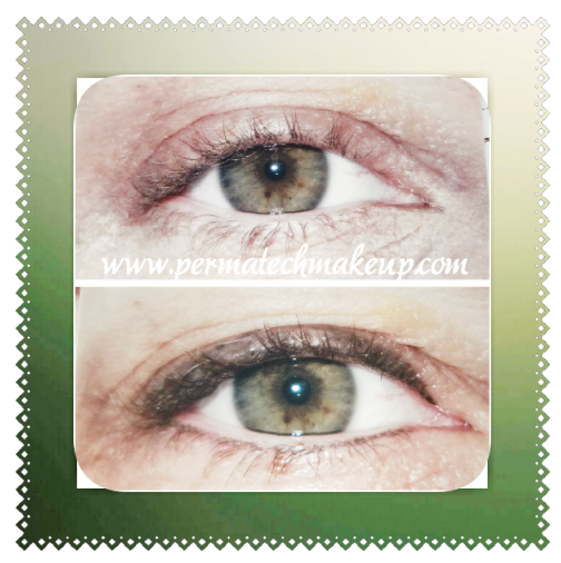 Before and after permanent eyeliner on an eye, showing enhanced lashes and definition.