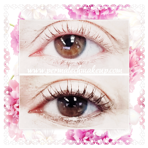 Brown eyes before and after applying permanent eyeliner, framed by pink flowers.