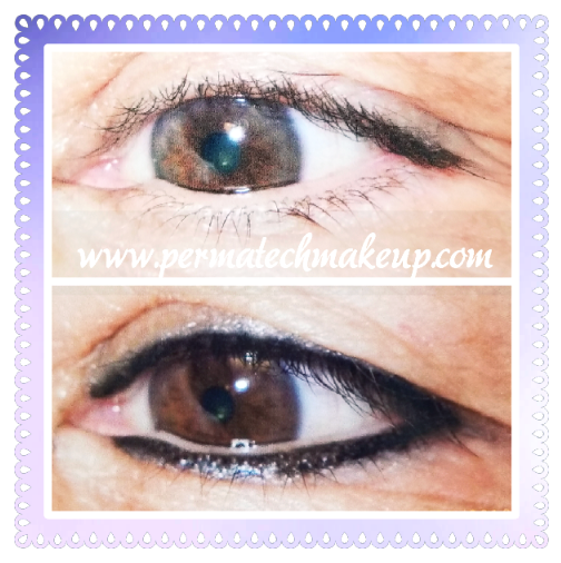 Before and after of eye with permanent eyeliner. Brown eye with thin liner then thick liner.