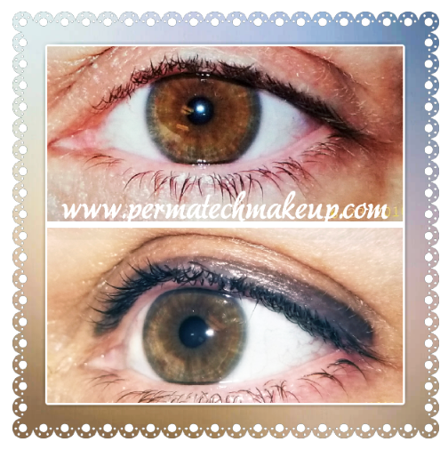 Two photos of an eye. Top: Brown eye. Bottom: Brown eye with black eyeliner.
