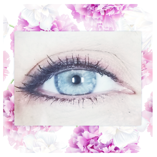 Blue eye with dark eyeliner and mascara, surrounded by pink and white floral border.