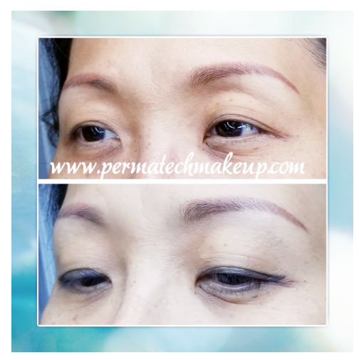 Before and after permanent makeup on eyebrows and eyeliner; light brown, angled brows; black liner.