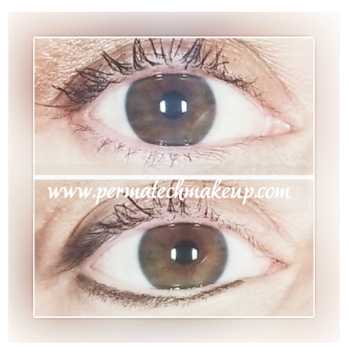 Before and after of eye makeup: top eye has mascara and the bottom eye has permanent eyeliner.