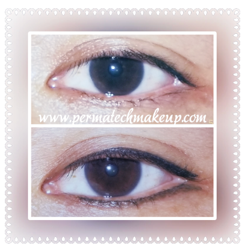 Two close-up photos of an eye. The top one has no makeup; the bottom has black eyeliner.