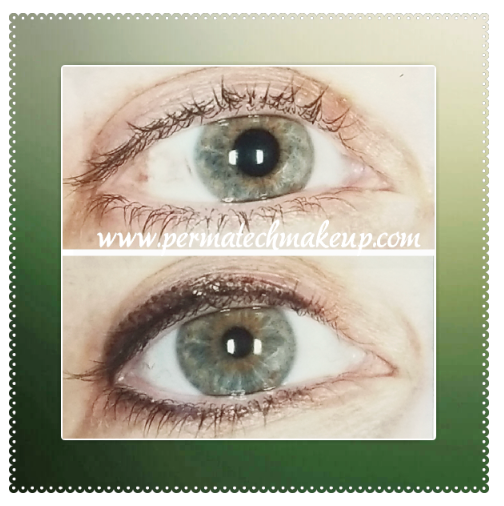 Close-up of eye before and after eyeliner application; shows a green eye with and without dark eyeliner.