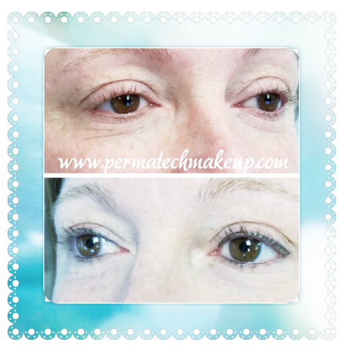 Before and after close-up of cosmetic eyeliner application. Brown eyes, top photo bare, bottom photo with eyeliner.