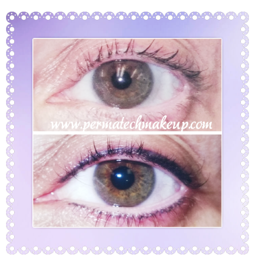 Before and after of eye with eyeliner, top eye without, bottom eye with. Brown irises, white skin, purple border.