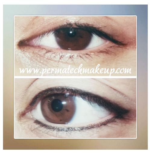 Comparison of an eye before and after permanent eyeliner application.