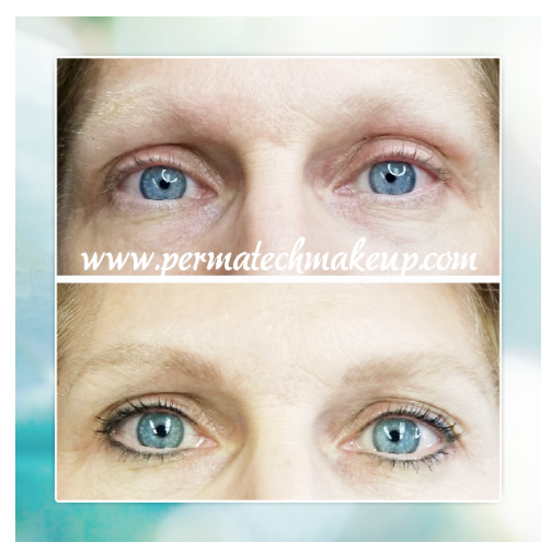 Before and after permanent eyeliner and eyebrow enhancement on blue eyes.