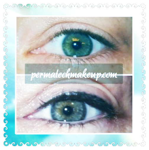 Before and after comparison of eyeliner, highlighting enhanced eye shape with darker pigment.