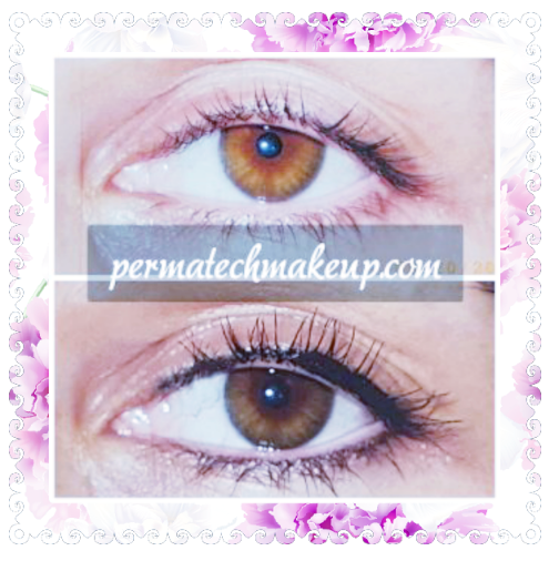 Two eyes, top without, bottom with eyeliner. Brown eyes, eyelashes, perma tech makeup.