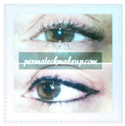 Before and after permanent eyeliner application: eye close-ups, top eye bare, bottom with liner.