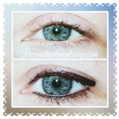 Before and after of eye with eyeliner; top: bare; bottom: eyeliner applied. Blue eye, light skin.