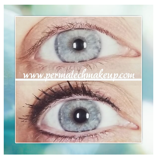 Comparison of an eye before and after permanent eyeliner. The after image shows dark liner added.