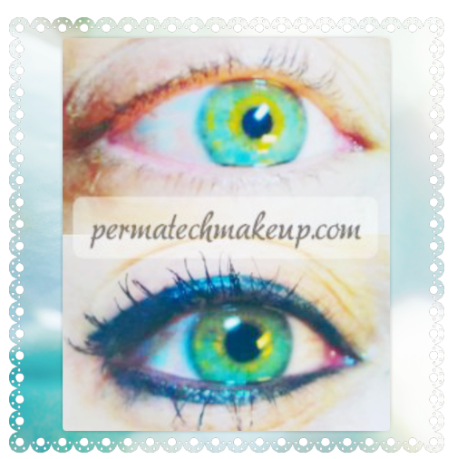 Two close-up images of eyes: one without makeup, one with eyeliner. Both have bright green irises.