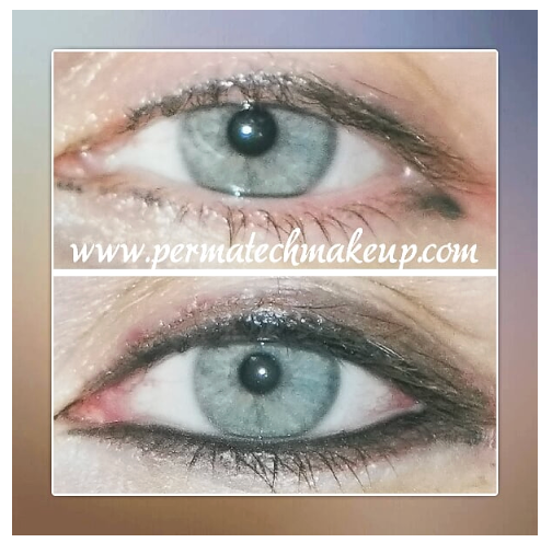 Two close-up photos of a person's eye, one with no makeup and one with eyeliner and shadow.